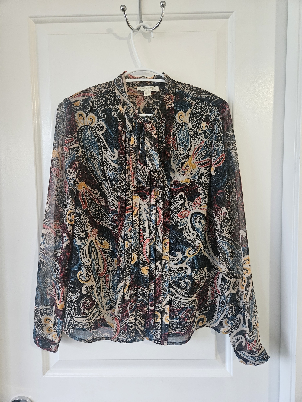 See U Soon Sheer Sleeved Multi-Color Paisley Tie-Neck Blouse Size Small